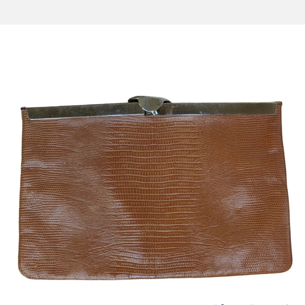 Vtg 60s Etra Lizard Leather Brown Clutch Purse Flat Shoulder Bag Gold Chain